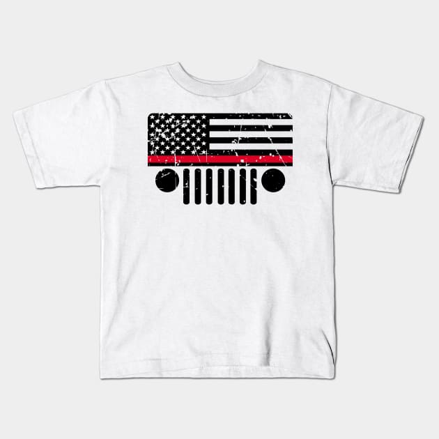 Jeep Firefighter Red Line Flag, Funny Design US Flag Distressed Kids T-Shirt by Printofi.com